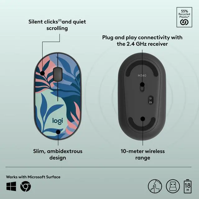 Alt view image 6 of 7 - M340 Wireless Mouse with Limited Edition Prints, USB Receiver and Silent Clicks, Portable Wireless Mouse for Laptop, PC, Windows, Chrome, Surface Floral Leaves