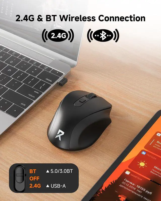 Alt view image 2 of 7 - Wireless Mouse BT5.0/3.0 & 2.4G, 6 Buttons, 5 Level 4000DPI Bluetooth Mouse, 18 Months Battery, Portable Optical Computer Mice for Laptop, PC, Chromebook, Windows, Mac-Black