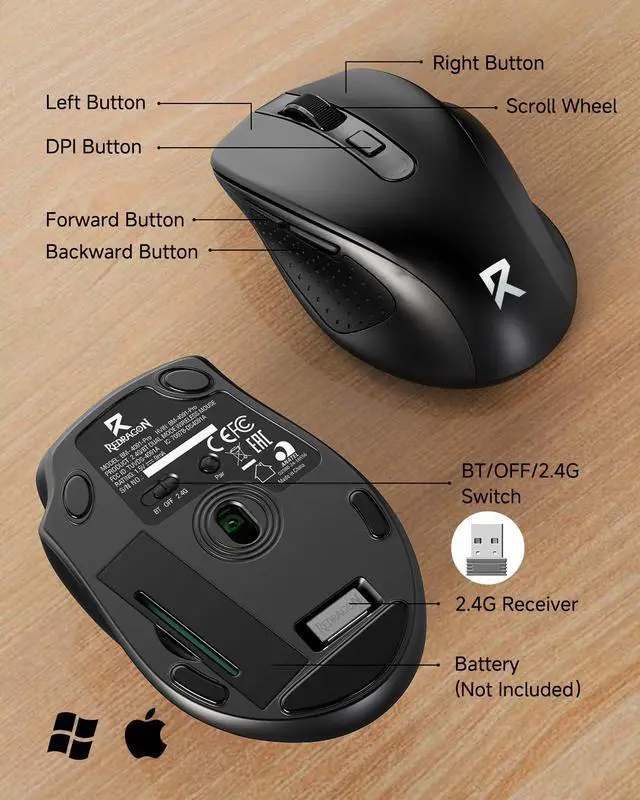 Alt view image 6 of 7 - Wireless Mouse BT5.0/3.0 & 2.4G, 6 Buttons, 5 Level 4000DPI Bluetooth Mouse, 18 Months Battery, Portable Optical Computer Mice for Laptop, PC, Chromebook, Windows, Mac-Black