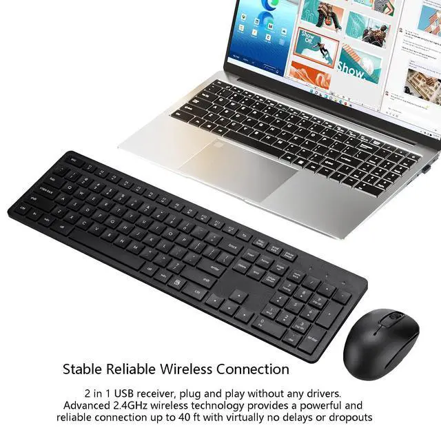 Alt view image 2 of 7 - Wireless Keyboard and Mouse Combo, 2.4G Silent Cordless Keyboard Mouse Combo for Windows Chrome Laptop Computer PC Desktop, 106 Keys Full Size with Number Pad, 1600 DPI Optical Mouse (Black)