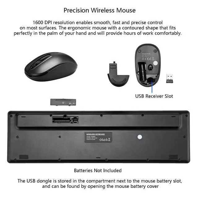 Alt view image 6 of 7 - Wireless Keyboard and Mouse Combo, 2.4G Silent Cordless Keyboard Mouse Combo for Windows Chrome Laptop Computer PC Desktop, 106 Keys Full Size with Number Pad, 1600 DPI Optical Mouse (Black)