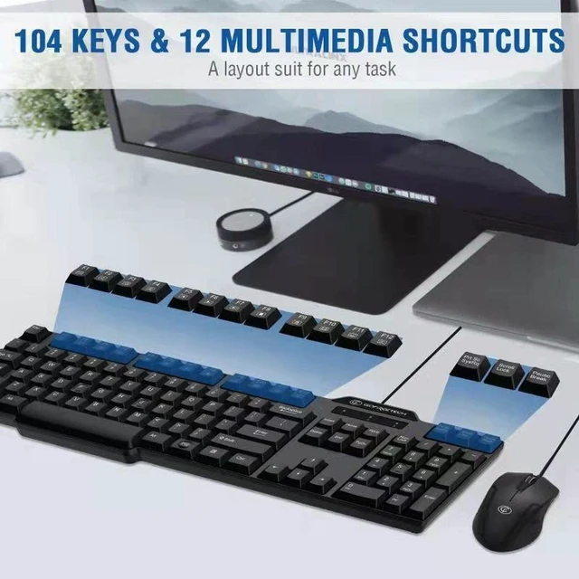 Alt view image 3 of 7 - Wired Keyboard and Mouse Combo, Full Size 104-Key, USB Plug and Play, Black | 104-key layout, 12 multimedia shortcuts, ambidextrous optical mouse, USB plug-and-play, anti-slip feet, Windows/macOS