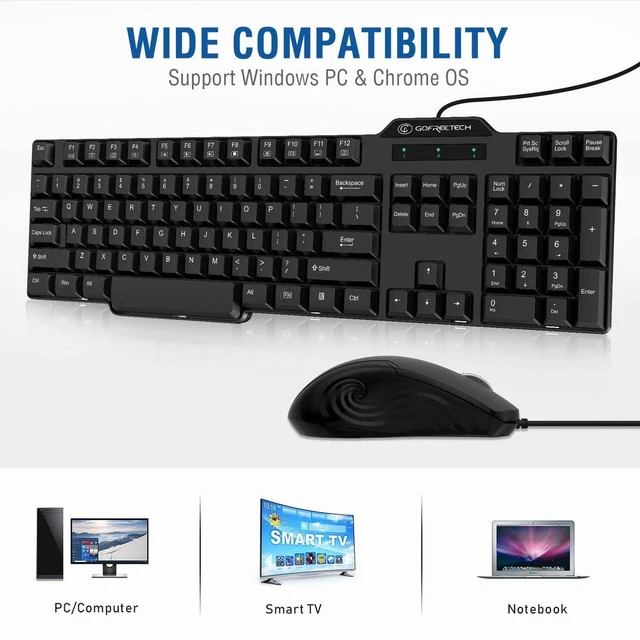 Alt view image 5 of 7 - Wired Keyboard and Mouse Combo, Full Size 104-Key, USB Plug and Play, Black | 104-key layout, 12 multimedia shortcuts, ambidextrous optical mouse, USB plug-and-play, anti-slip feet, Windows/macOS