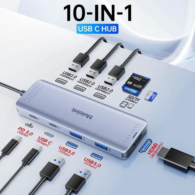 Alt view image 2 of 7 - USB C Hub Multiport Adapter for MacBook Pro/Air, 10 in 1 USB C Dongle Mac HDMI Adapter, USBC Dock Compatible for iPad Pro, iMac, Dell, HP, Lenovo (4K@60Hz HDMI,SD/TF Card Reader,100W PD, 6 USB Ports)