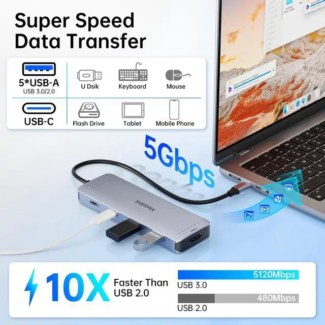 Alt view image 6 of 7 - USB C Hub Multiport Adapter for MacBook Pro/Air, 10 in 1 USB C Dongle Mac HDMI Adapter, USBC Dock Compatible for iPad Pro, iMac, Dell, HP, Lenovo (4K@60Hz HDMI,SD/TF Card Reader,100W PD, 6 USB Ports)