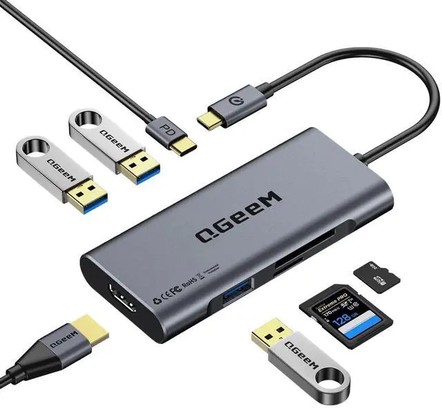 Main image of USB C Hub, QGeeM USB 4k to HDMI Adapter, 7 in 1 USB-C Dongle with 100W PD,USB 3.0, Card Reader, Compatible for MacBook iPhone 15/17 Ipad Pro max,Chromebook Laptop USB Type C Dock-Grey