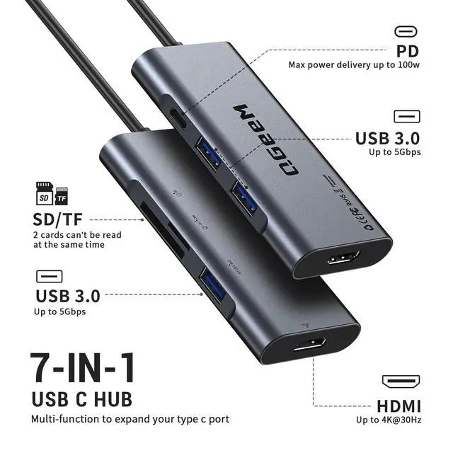 Alt view image 2 of 7 - USB C Hub, QGeeM USB 4k to HDMI Adapter, 7 in 1 USB-C Dongle with 100W PD,USB 3.0, Card Reader, Compatible for MacBook iPhone 15/17 Ipad Pro max,Chromebook Laptop USB Type C Dock-Grey