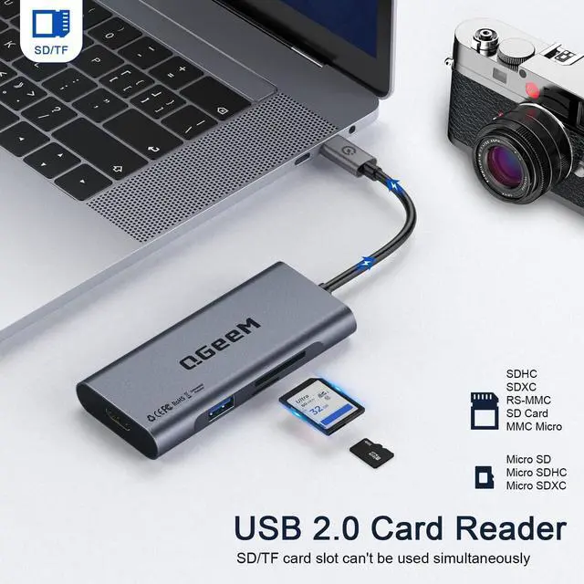 Alt view image 7 of 7 - USB C Hub, QGeeM USB 4k to HDMI Adapter, 7 in 1 USB-C Dongle with 100W PD,USB 3.0, Card Reader, Compatible for MacBook iPhone 15/17 Ipad Pro max,Chromebook Laptop USB Type C Dock-Grey