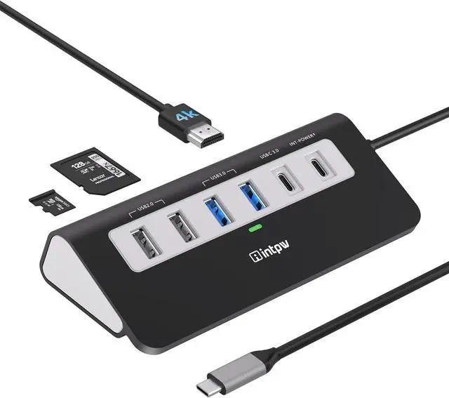 Main image of P9 USB C Hub, INTPW 9-in-1 USB Multiport Adapter with 4K HDMI, PD 100W, USB-C and 2 USB A 3.0 5Gbps, 2 USB A 2.0, SD/TF Card Reader, Aluminum Powered USB Hub for PC, iPhone 16/15 Series, MacBook, iPad