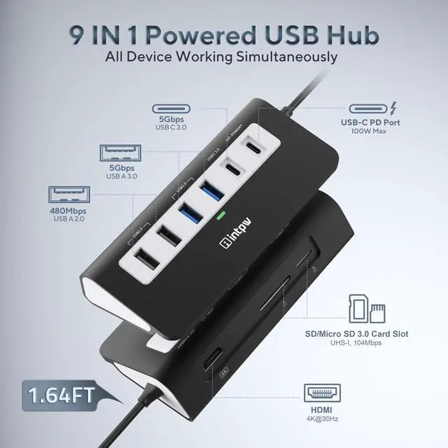 Alt view image 2 of 7 - P9 USB C Hub, INTPW 9-in-1 USB Multiport Adapter with 4K HDMI, PD 100W, USB-C and 2 USB A 3.0 5Gbps, 2 USB A 2.0, SD/TF Card Reader, Aluminum Powered USB Hub for PC, iPhone 16/15 Series, MacBook, iPad