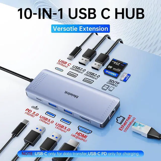 Alt view image 2 of 7 - USB C Hub Ethernet, 10 in 1 USB-C to HDMI 4K@60 Adapter with Gigabit Ethernet, 100W PD, USB-A&C Data Ports and SD/TF Slot, USBC Dock MultiPort Dongle for MacBook, Dell, HP, Lenovo, etc