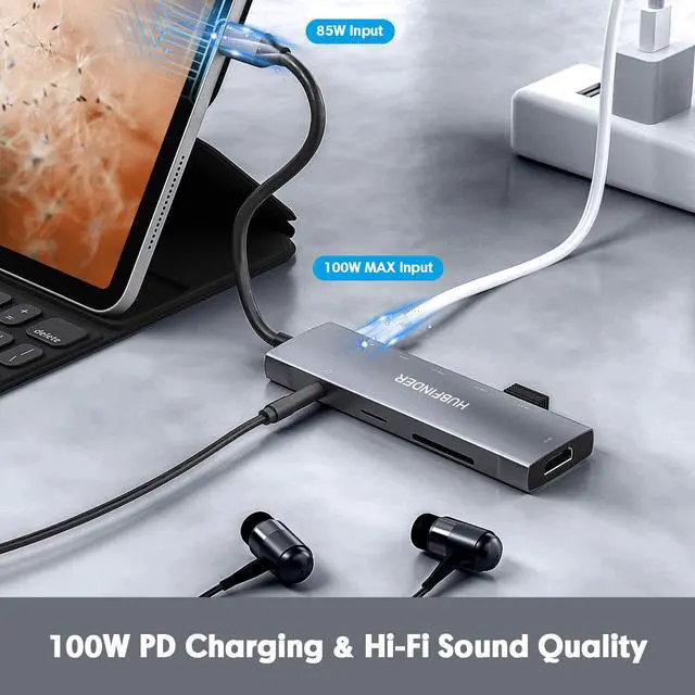 Alt view image 3 of 7 - USB C Hub, 9 in 1 Multiport Adapter with 100W Power Delivery4K HDMI Output3 USB3.0 and USB-C 5 Gbps Data PortsSD/TF Card Reader3.5mm Headphone Jackfor MacBook Air, MacBook Pro,iPad Pro