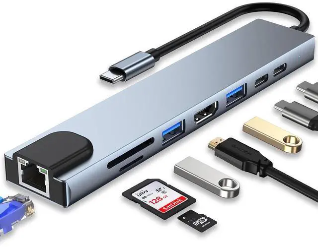 Main image of USB C HUB, 8 in 1 USB C Adapter with 4K HDMI, 100W PD, USB C Port, USB 3.0, RJ45 Ethernet, SD/TF Card Reader, Docking Station Compatible with MacBook Pro/Air USB C Laptops and Other Type C Devices