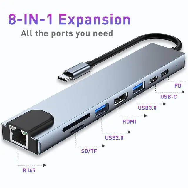 Alt view image 2 of 7 - USB C HUB, 8 in 1 USB C Adapter with 4K HDMI, 100W PD, USB C Port, USB 3.0, RJ45 Ethernet, SD/TF Card Reader, Docking Station Compatible with MacBook Pro/Air USB C Laptops and Other Type C Devices