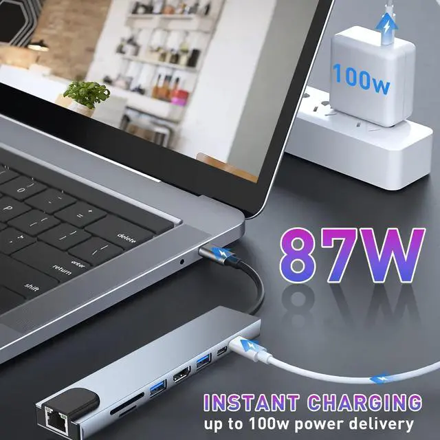 Alt view image 3 of 7 - USB C HUB, 8 in 1 USB C Adapter with 4K HDMI, 100W PD, USB C Port, USB 3.0, RJ45 Ethernet, SD/TF Card Reader, Docking Station Compatible with MacBook Pro/Air USB C Laptops and Other Type C Devices