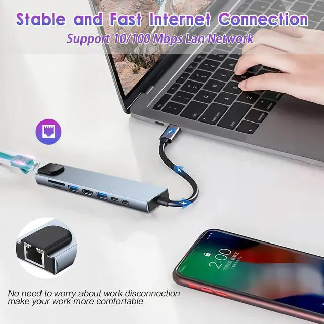 Alt view image 5 of 7 - USB C HUB, 8 in 1 USB C Adapter with 4K HDMI, 100W PD, USB C Port, USB 3.0, RJ45 Ethernet, SD/TF Card Reader, Docking Station Compatible with MacBook Pro/Air USB C Laptops and Other Type C Devices