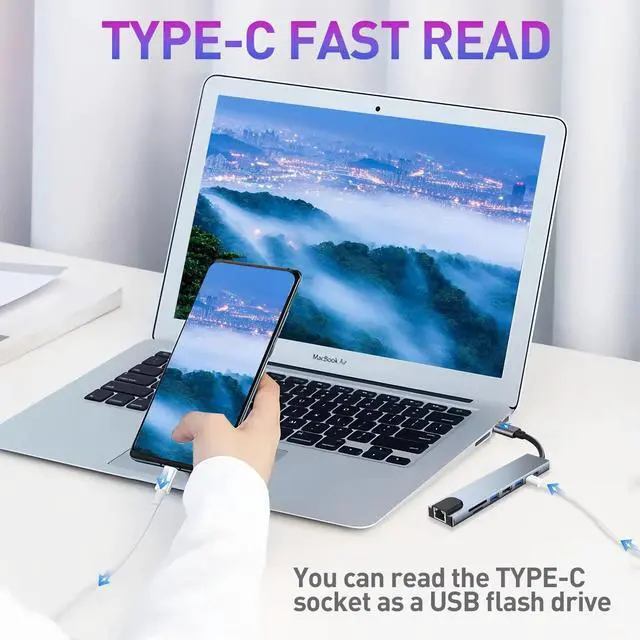 Alt view image 7 of 7 - USB C HUB, 8 in 1 USB C Adapter with 4K HDMI, 100W PD, USB C Port, USB 3.0, RJ45 Ethernet, SD/TF Card Reader, Docking Station Compatible with MacBook Pro/Air USB C Laptops and Other Type C Devices