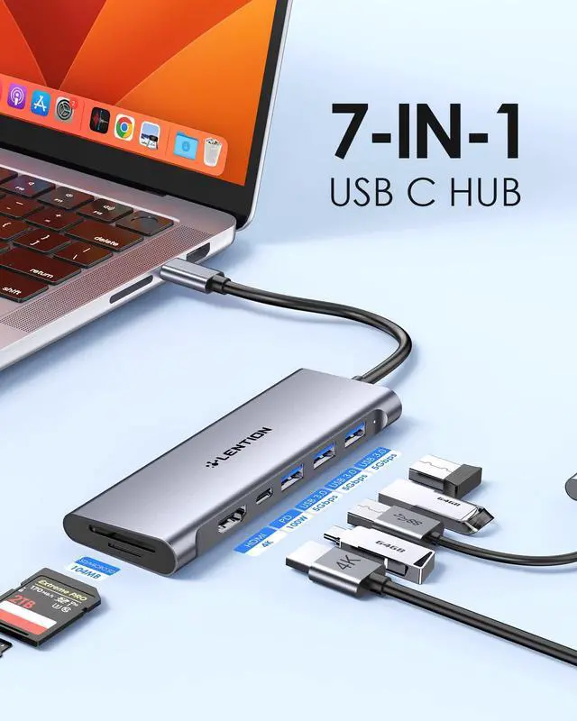 Alt view image 2 of 7 - 7-in-1 USB C Multiport Hub with 4K HDMI, 100W PD, 3 USB 3.0 Ports, SD/MicroSD Card Reader Compatible MacBook Pro/Air 2016-2025 Stable Driver Adapter (C36B, Space Gray)
