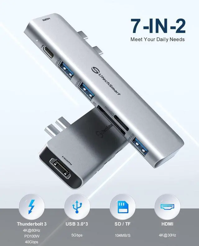 Alt view image 2 of 7 - USB C Hub Adapter MacBook - 7 in 2 MacBook Pro/Air Accessories Multiport Adapter with Thunderbolt 3 Port, 100W PD 4K@30Hz, 40Gbps 4K HDMI, 3*USB3.0 Data Port SD and MicroSD Card Reader