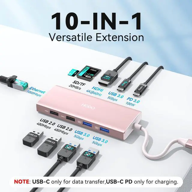 Alt view image 2 of 7 - USB C Hub Multiport Adapter, 10-in-1 Laptop USB C Docking Station for Dell/HP Laptop, Type C Dock to 4K HDMI,Ethernet,100W PD,3USB 3.0, 2USB 2.0, SD/TF, Thunderbolt Dock for MacBook, Surface, Lenovo
