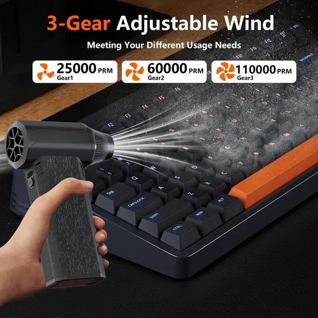 Alt view image 3 of 7 - Electric Air Duster-110000RPM Super Power Compressed Air Duster, 3-Gear Adjustable Mini Blower with Fast Charging, Dust Blower for Manchine, Keyboard, House, Outdoor and Car