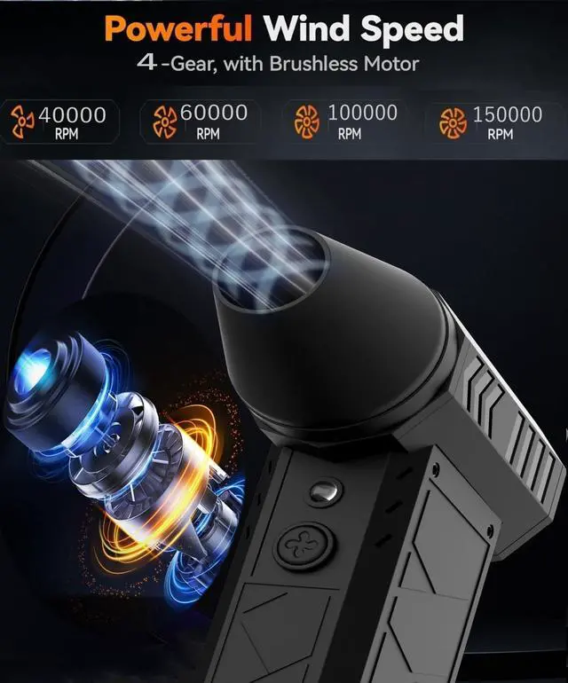 Alt view image 2 of 5 - Compressed Air Duster 150000RPM Electric Air Duster with Flashlight High-Speed Air Blower 4-Gear Adjustable Mini Blower with Rechargeable Battery Dust Blower for Computer Keyboard Car and Outdoor