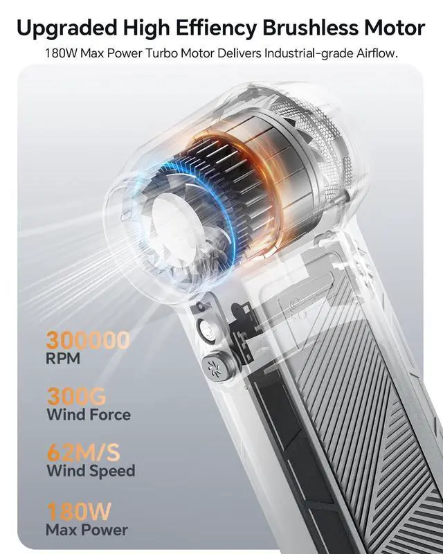 Alt view image 2 of 7 - Compressed Air Duster, 300000RPM Powerful Electric Air Duster Rechargeable with LED Light and Brushless Motor, 4-Gear Cordless Mini Air Blower for Keyboard, Computers, Car, Outdoors (Silver Gray)