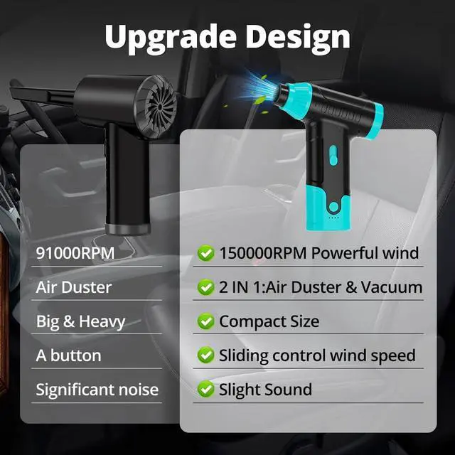 Alt view image 3 of 7 - Compressed Air Duster Keyboard Cleaner - Electric Air Blower Cleaning Kit 150,000 RPM Mini Blower Spray to Dust Off Car, PC, Keyboard, Vacuum (Green)
