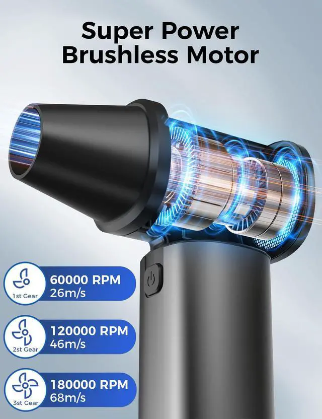 Alt view image 2 of 7 - Compressed Air Duster-180000RPM Electric Air Duster Rechargeable Brushless Motor, Stepless Speed/3-Gear Adjustable Mini Blower Cordless with LED Light, Dust Blower for Computer, House, Outdoor, Car