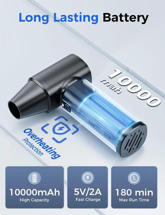 Alt view image 4 of 7 - Compressed Air Duster-180000RPM Electric Air Duster Rechargeable Brushless Motor, Stepless Speed/3-Gear Adjustable Mini Blower Cordless with LED Light, Dust Blower for Computer, House, Outdoor, Car