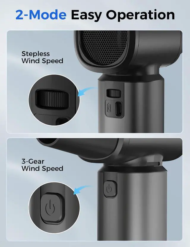 Alt view image 6 of 7 - Compressed Air Duster-180000RPM Electric Air Duster Rechargeable Brushless Motor, Stepless Speed/3-Gear Adjustable Mini Blower Cordless with LED Light, Dust Blower for Computer, House, Outdoor, Car