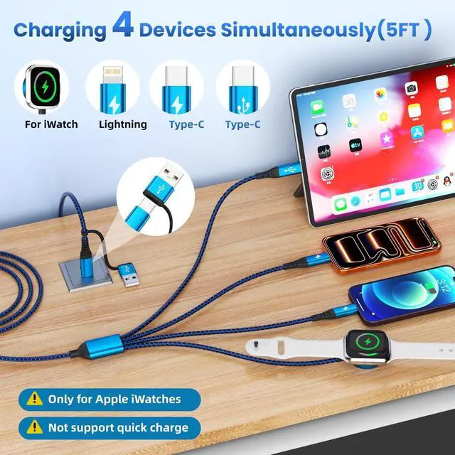 Alt view image 2 of 7 - Multi Charging Cable for iPhone Watch Charger, 4 in 2 USB A/C Phone Charger Cord with Dual Type-C/IP, iWatch Cable Nylon Travel Essentials Compatible with iWatch/Phone 17-11/Pod/Android, 5FT