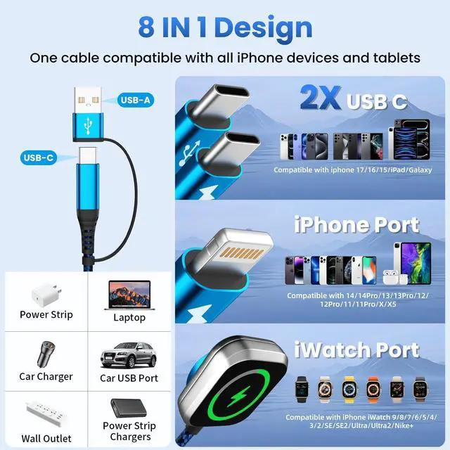 Alt view image 3 of 7 - Multi Charging Cable for iPhone Watch Charger, 4 in 2 USB A/C Phone Charger Cord with Dual Type-C/IP, iWatch Cable Nylon Travel Essentials Compatible with iWatch/Phone 17-11/Pod/Android, 5FT