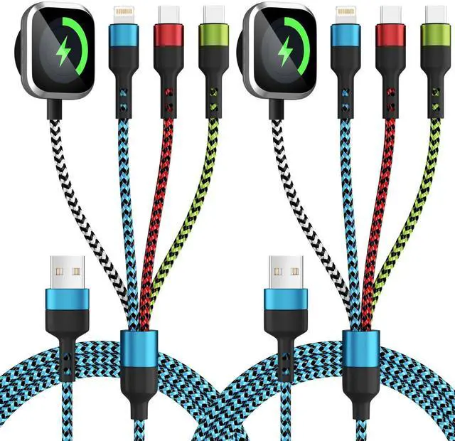 Main image of Travel Essentials,USB A 4 in 1 Multi Charging Cable for i Watch Charger/Type C Charger/IP Port,Travel Chargers for Multiple Devices (Blue, 5FT 2Pack)