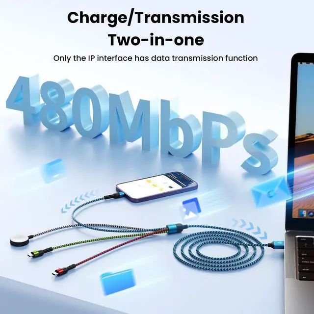 Alt view image 3 of 5 - Travel Essentials,USB A 4 in 1 Multi Charging Cable for i Watch Charger/Type C Charger/IP Port,Travel Chargers for Multiple Devices (Blue, 5FT 2Pack)