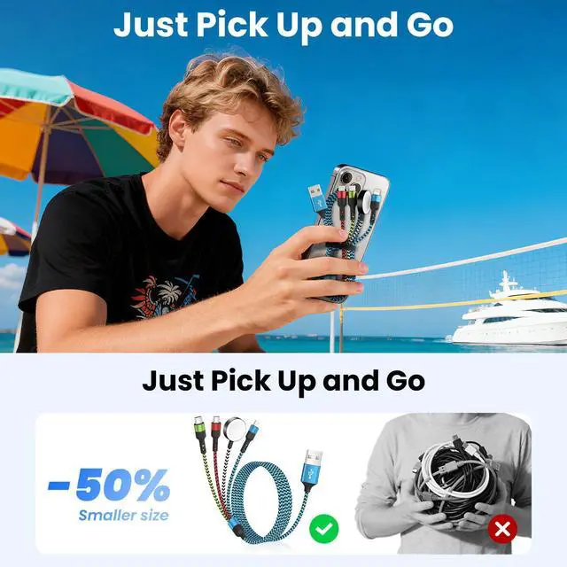 Alt view image 4 of 5 - Travel Essentials,USB A 4 in 1 Multi Charging Cable for i Watch Charger/Type C Charger/IP Port,Travel Chargers for Multiple Devices (Blue, 5FT 2Pack)