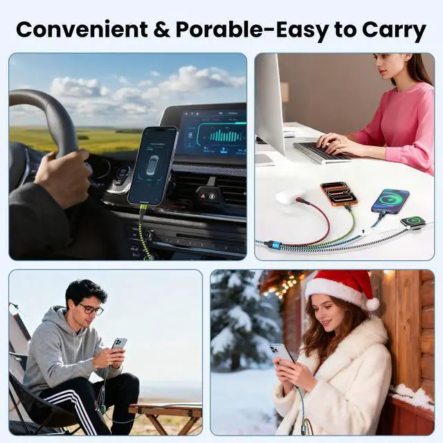 Alt view image 5 of 5 - Travel Essentials,USB A 4 in 1 Multi Charging Cable for i Watch Charger/Type C Charger/IP Port,Travel Chargers for Multiple Devices (Blue, 5FT 2Pack)