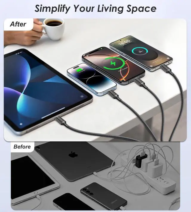 Alt view image 2 of 7 - Multi Charging Cable, 2Pack 4FT 4 in 1 Charging Cable for Multiple Devices, Braided Universal Phone Charger Cord with Dual Type-C, Dual IP Port for iPhone16/15/14/Android Phones and More