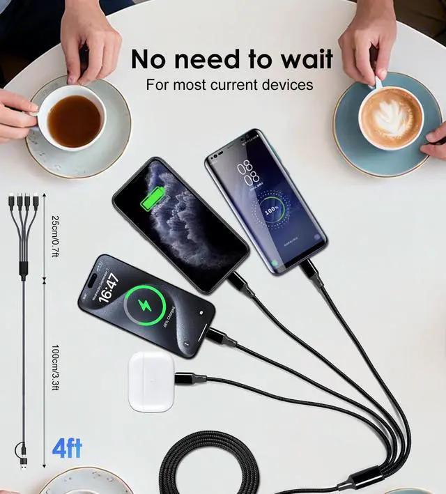 Alt view image 4 of 7 - Multi Charging Cable, 2Pack 4FT 4 in 1 Charging Cable for Multiple Devices, Braided Universal Phone Charger Cord with Dual Type-C, Dual IP Port for iPhone16/15/14/Android Phones and More