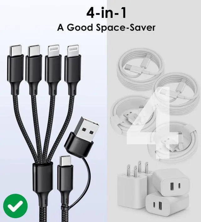 Alt view image 5 of 7 - Multi Charging Cable, 2Pack 4FT 4 in 1 Charging Cable for Multiple Devices, Braided Universal Phone Charger Cord with Dual Type-C, Dual IP Port for iPhone16/15/14/Android Phones and More