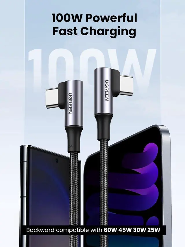Alt view image 2 of 7 - 100W USB C to USB C Cable, 90 Degree Type C Cable for iPhone 17/17 Air/17 Pro/17 Pro Max/16, MacBook Pro 2022, iPad Pro 2022, Samsung Galaxy S25/S24/Z Fold, Google Pixel, Switch, 3.3FT
