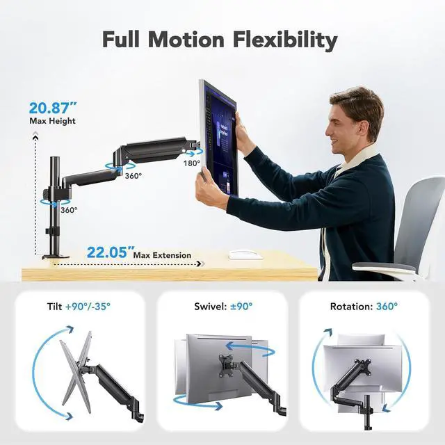 Alt view image 4 of 7 - Single Monitor Arm, Tall Computer Monitor Stand for 1332 inch Screens Holds 4.4-19.8 lbs, Adjustable Monitor Mount Gas Spring Full Motion with C-Clamp & Grommet Base, VESA 75x75 or 100x100mm
