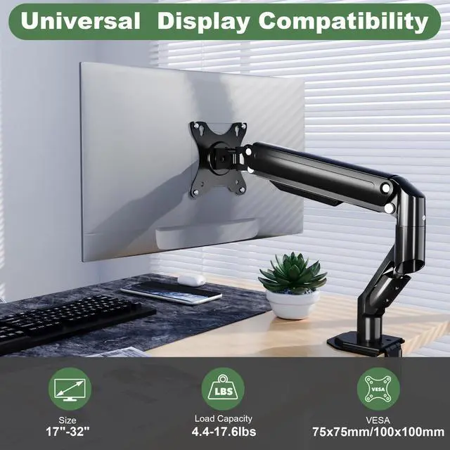 Alt view image 2 of 7 - Single Monitor Mount Arm for 17" to 32" Computer Screen, Mechanical Spring Adjustable Monitor Desk Mount Stand Holds up to 17.6 lbs, C-Clamp & Grommet Base, max. VESA 100x100mm