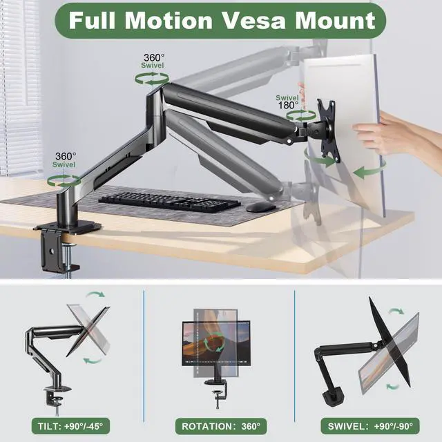 Alt view image 4 of 7 - Single Monitor Mount Arm for 17" to 32" Computer Screen, Mechanical Spring Adjustable Monitor Desk Mount Stand Holds up to 17.6 lbs, C-Clamp & Grommet Base, max. VESA 100x100mm