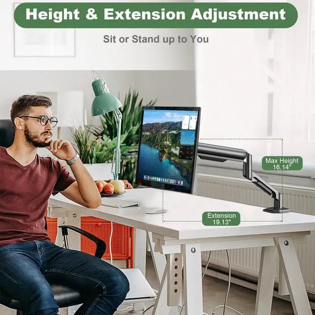 Alt view image 5 of 7 - Single Monitor Mount Arm for 17" to 32" Computer Screen, Mechanical Spring Adjustable Monitor Desk Mount Stand Holds up to 17.6 lbs, C-Clamp & Grommet Base, max. VESA 100x100mm