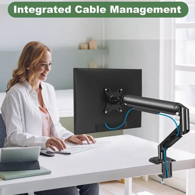 Alt view image 6 of 7 - Single Monitor Mount Arm for 17" to 32" Computer Screen, Mechanical Spring Adjustable Monitor Desk Mount Stand Holds up to 17.6 lbs, C-Clamp & Grommet Base, max. VESA 100x100mm