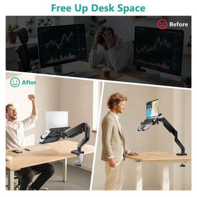 Alt view image 3 of 7 - Single Arm Laptop and Monitor Desk Mount for 17" Notebook and Up to 32" Screen, 2-in-1 Adjustable Gas Spring Monitor Arm with Laptop Tray, VESA 75x75 100x100,Holds 22-26.4 lbs, Black (GSMP001NLP)