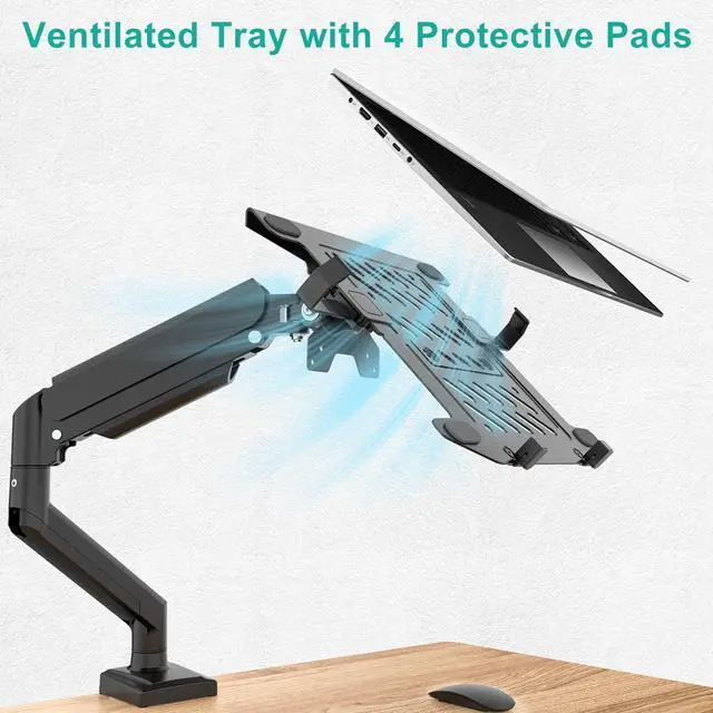 Alt view image 6 of 7 - Single Arm Laptop and Monitor Desk Mount for 17" Notebook and Up to 32" Screen, 2-in-1 Adjustable Gas Spring Monitor Arm with Laptop Tray, VESA 75x75 100x100,Holds 22-26.4 lbs, Black (GSMP001NLP)