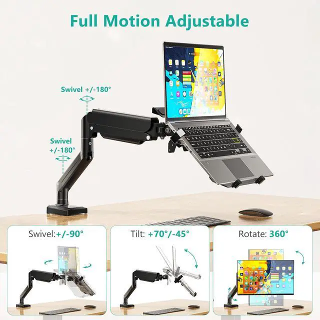 Alt view image 5 of 7 - Single Arm Laptop and Monitor Desk Mount for 17" Notebook and Up to 32" Screen, 2-in-1 Adjustable Gas Spring Monitor Arm with Laptop Tray, VESA 75x75 100x100,Holds 22-26.4 lbs, Black (GSMP001NLP)