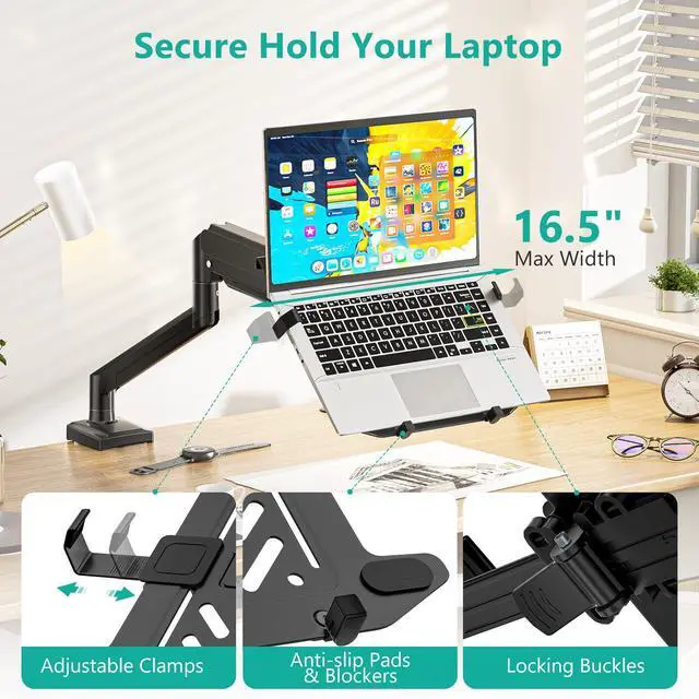 Alt view image 4 of 7 - Single Arm Laptop and Monitor Desk Mount for 17" Notebook and Up to 32" Screen, 2-in-1 Adjustable Gas Spring Monitor Arm with Laptop Tray, VESA 75x75 100x100,Holds 22-26.4 lbs, Black (GSMP001NLP)
